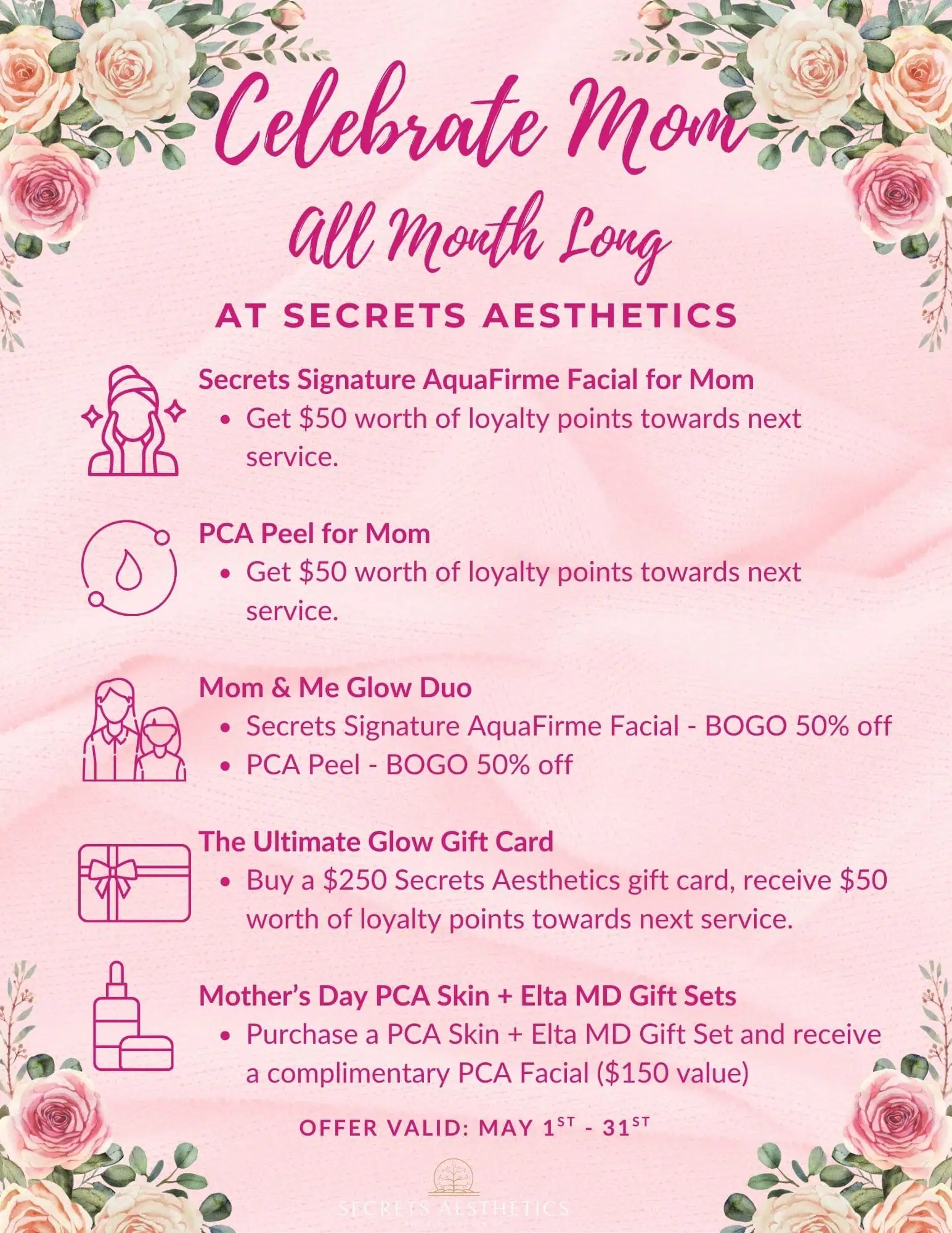 Mother’s Day specials at Secrets Aesthetics: facial deals, BOGO offers, gift cards, and free PCA Facial with gift set. Valid May 1–31.